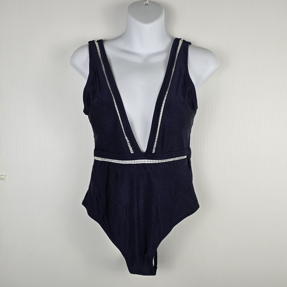 NWT Cupshe Women's One Piece Navy Plunging Neckline And Back White Inlay Small - Picture 1 of 12